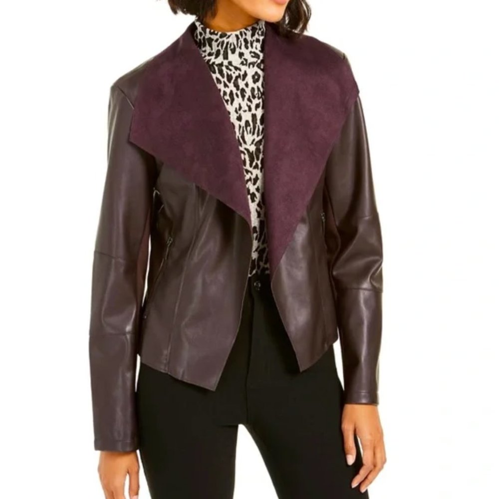 Bar III Faux-Leather Flyaway Jacket, Burgundy, Size XXS